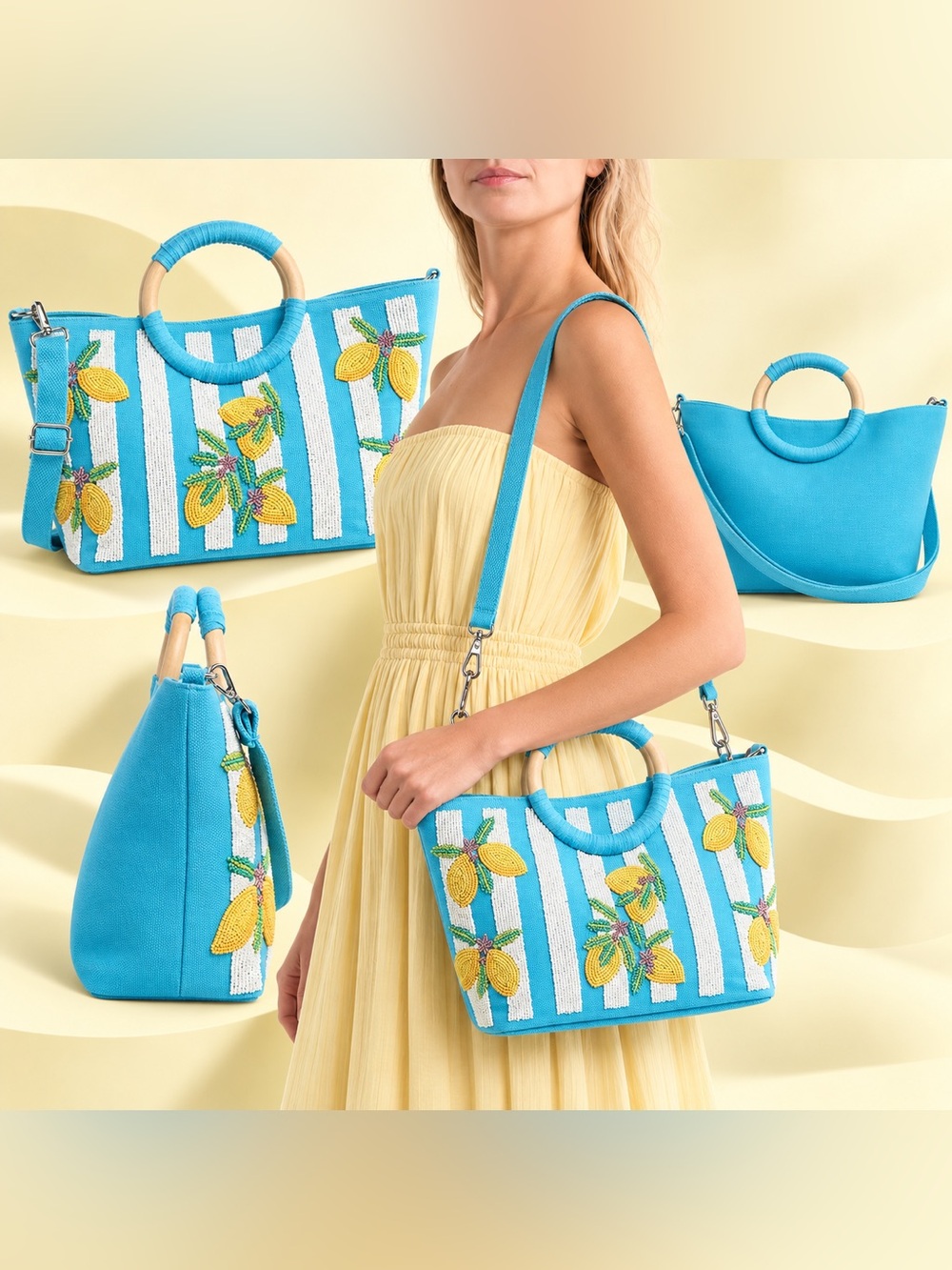 Sol and Mer Beaded Lemon Stripe Canvas Tote Crossbody Bag NWT